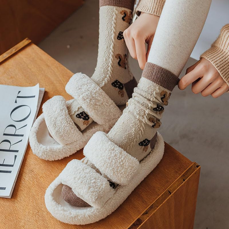 6 Pair Cute Cotton Kawaii Bear Ankle Socks - Preppy Ruffle Japanese Thick Fall Vintage Crew Socks for Women
