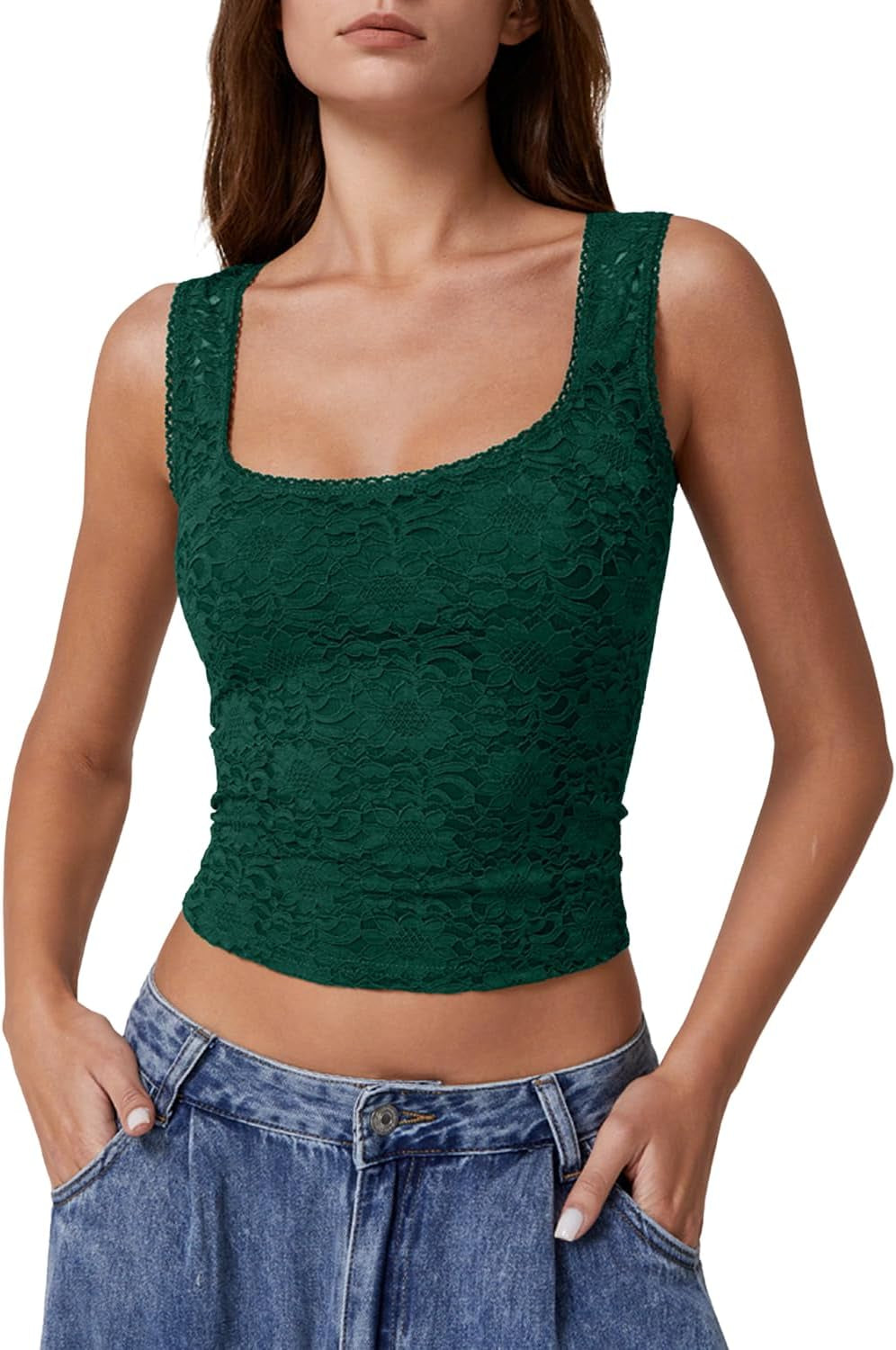 Womens Lace Trim Square Neck Sleeveless Tank Tops Double-Layer Slim Fit T Shirt Crop Tops