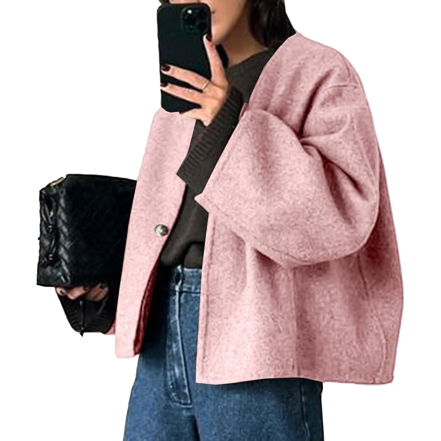 Women Cropped Wool Blend Coats Long Sleeve Coat Jacket Peacoat Fall Winter Outwear Overcoat