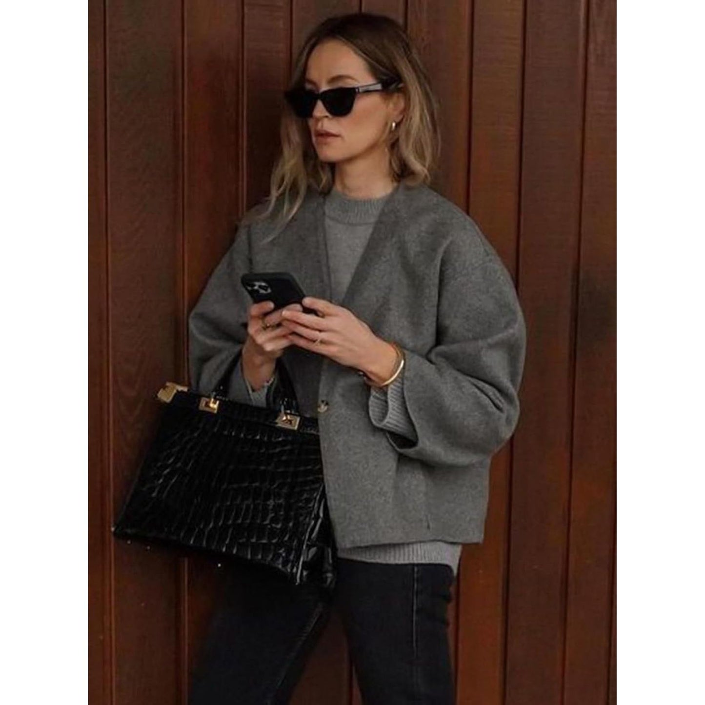 Women Cropped Wool Blend Coats Long Sleeve Coat Jacket Peacoat Fall Winter Outwear Overcoat