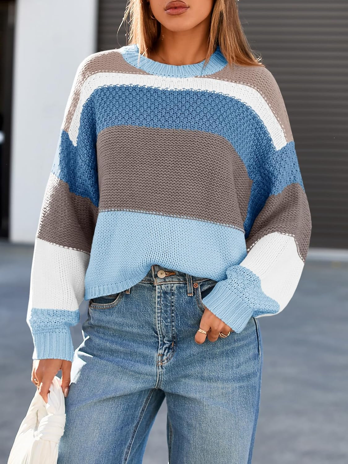 Womens Color Block Cropped Sweaters 2025 Winter Trendy Casual Oversized Y2K Going Out Striped Pullover Tops