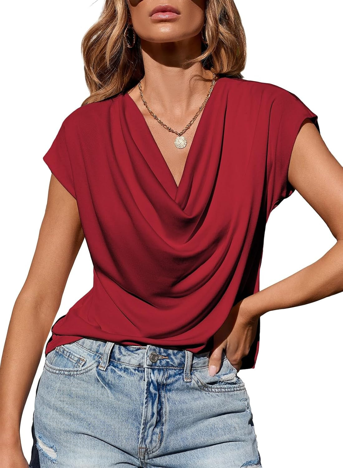 Shirts for Women Fashion 2025 Cowl Neck Tops for Women Dressy Casual Short Sleeve Clothes Summer Outfits