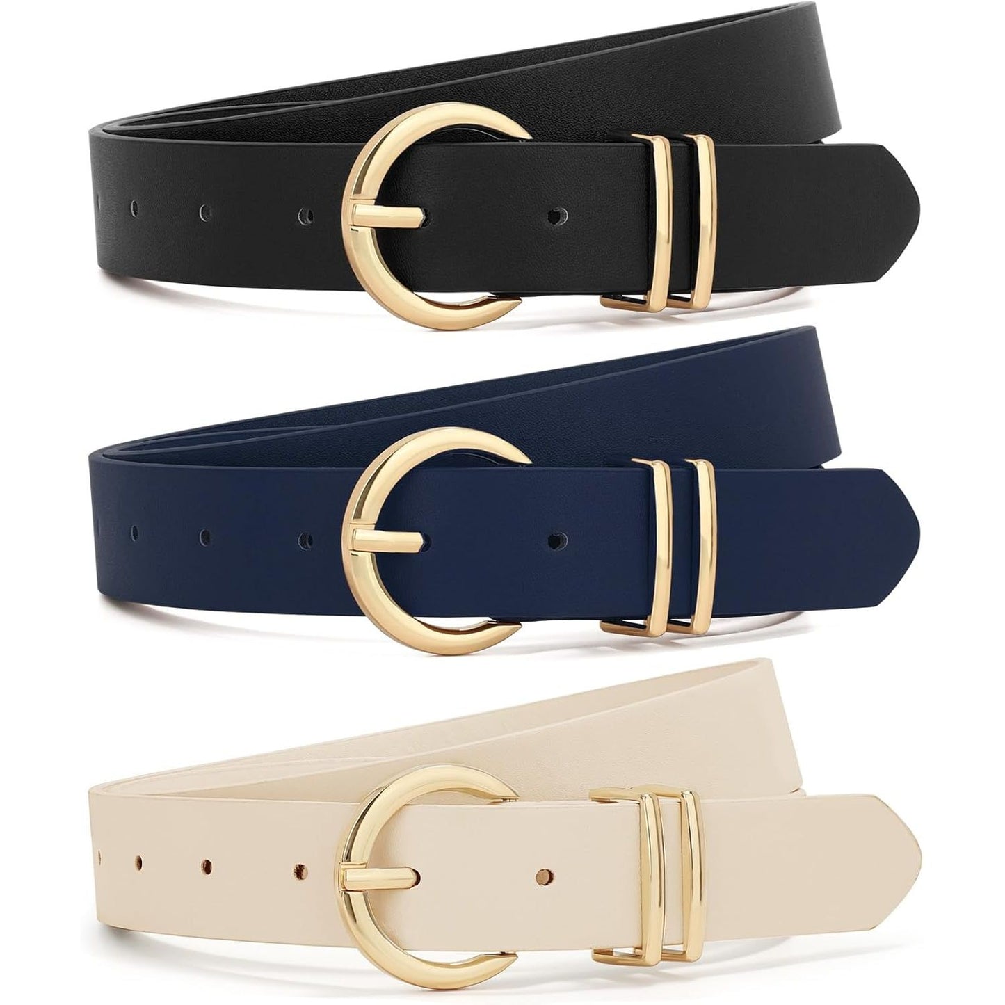 3 Pack Women Belts for Jeans Dresses Pants Ladies Leather Waist Belt with Gold Buckle
