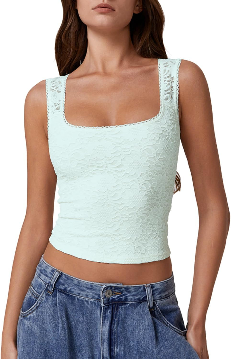 Womens Lace Trim Square Neck Sleeveless Tank Tops Double-Layer Slim Fit T Shirt Crop Tops