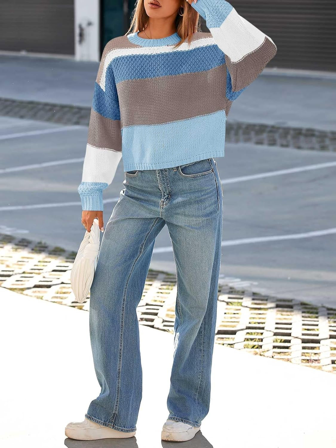 Womens Color Block Cropped Sweaters 2025 Winter Trendy Casual Oversized Y2K Going Out Striped Pullover Tops
