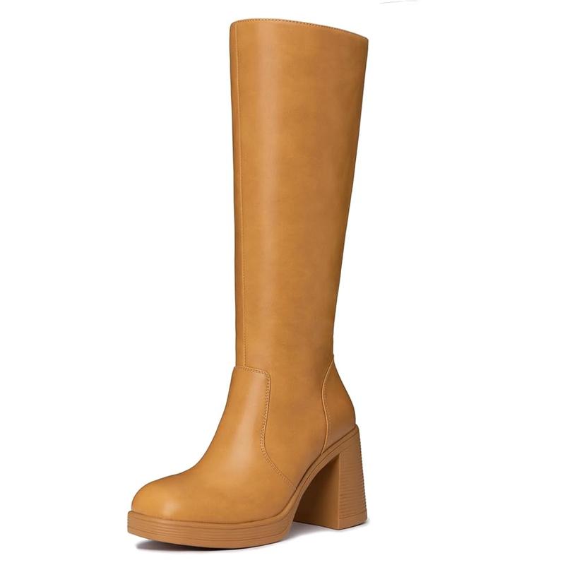 Athlefit Black Knee High Boots for Women Platform Tall Boots Fashion Square Toe Chunky Heeled Booties