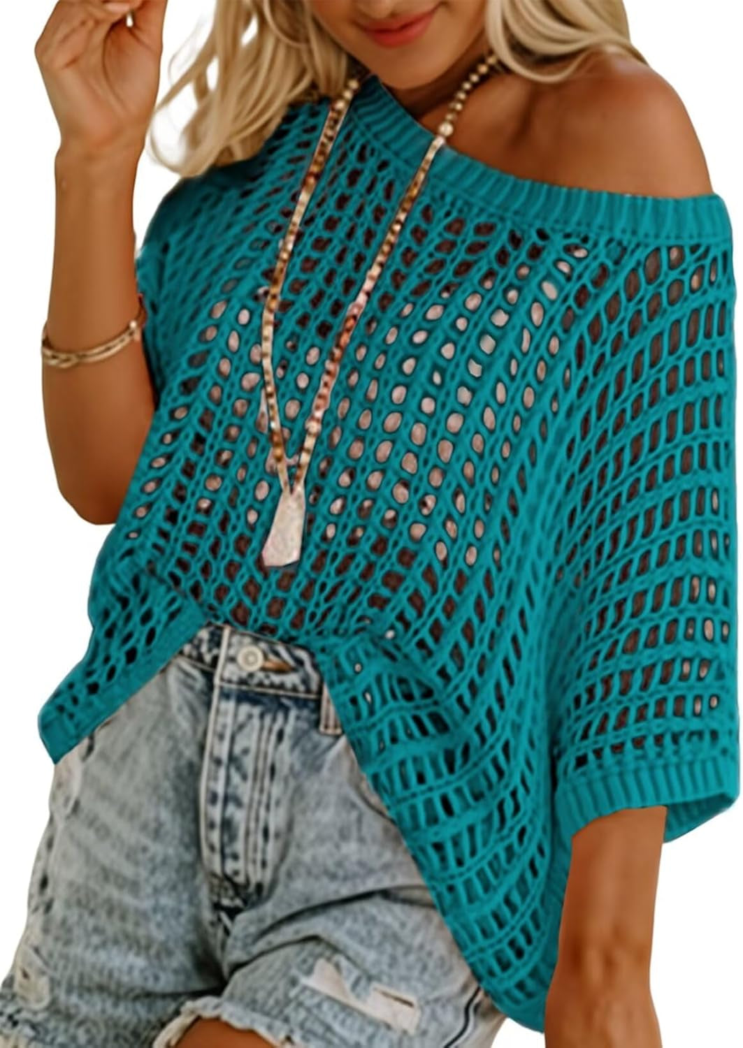 Womens Summer Scoop Neck Short Sleeve Sweater Casual Crochet Hollow Out Knit Tops Pullover Shirts Beach Coverup
