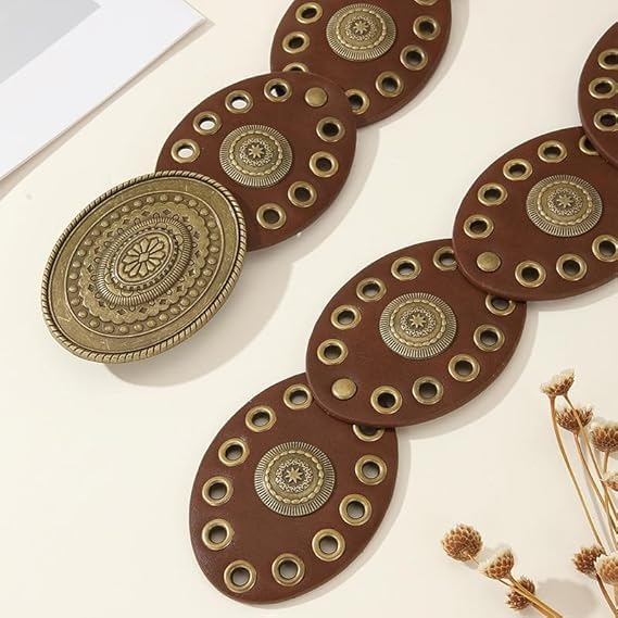 Womens Wide Western Cowboy Disc Belt Vintage Cowgirl Concho Leather Belts Boho Style for Jeans Dress Skirt