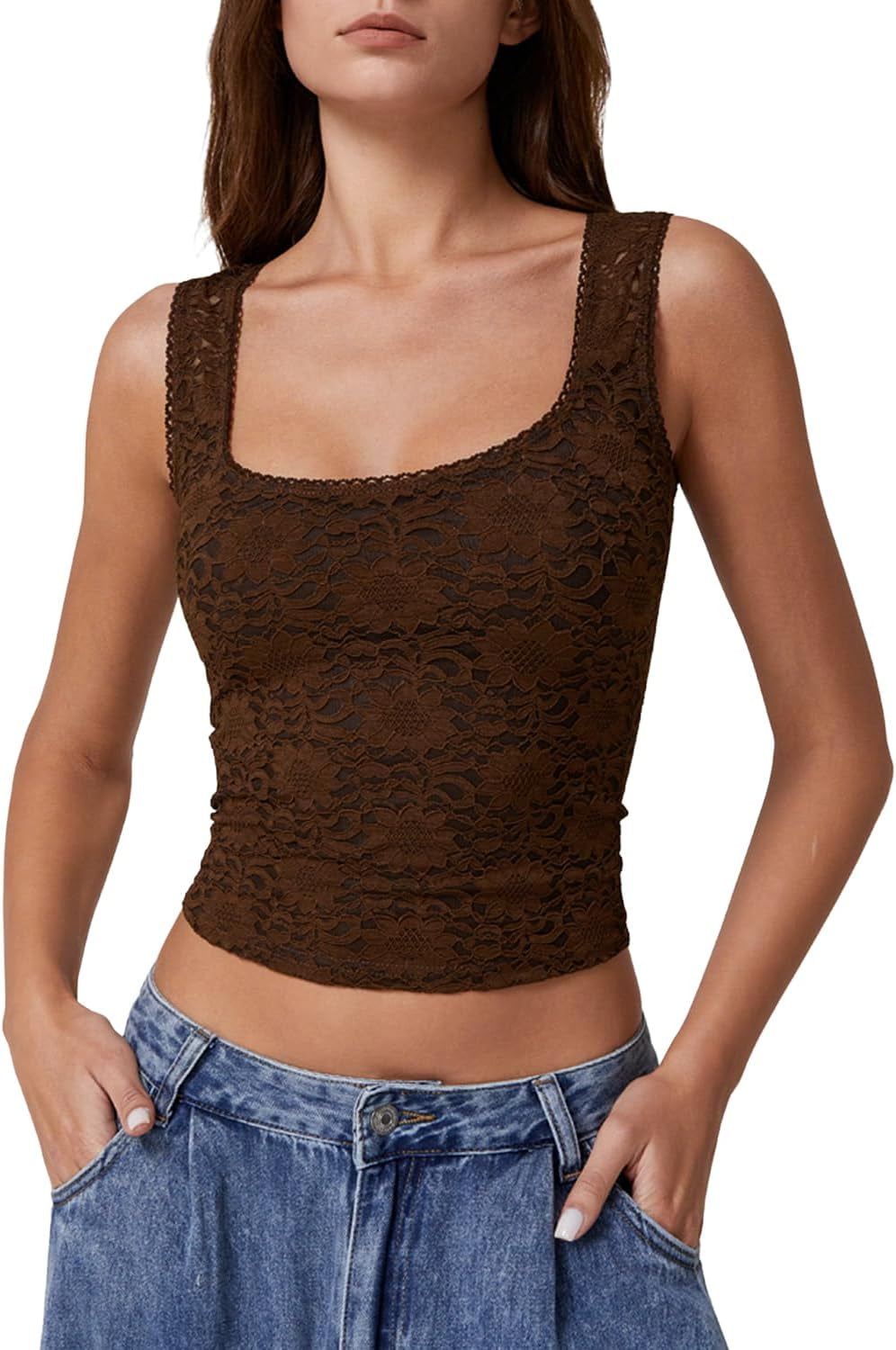 Womens Lace Trim Square Neck Sleeveless Tank Tops Double-Layer Slim Fit T Shirt Crop Tops