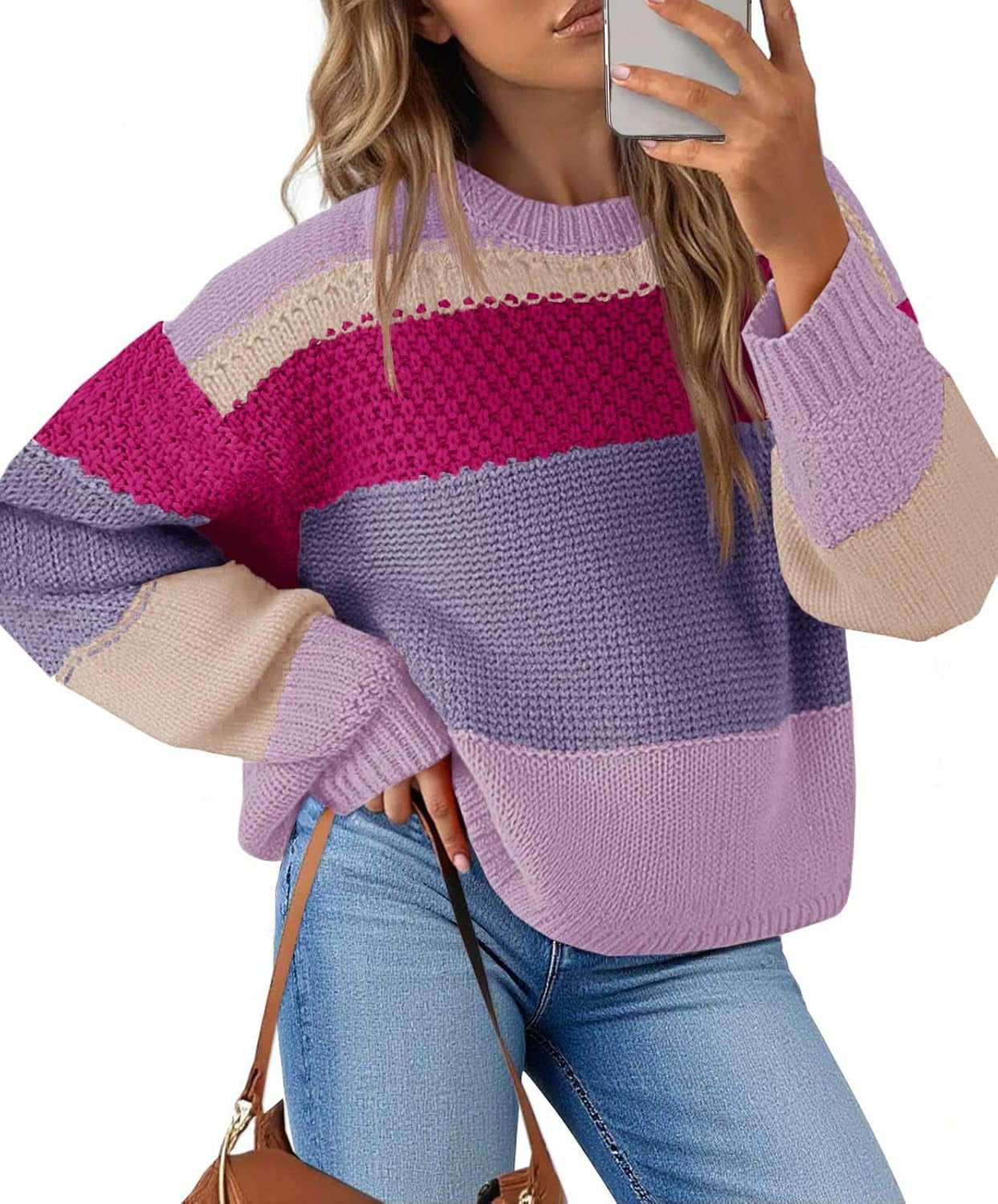 Womens Color Block Cropped Sweaters 2025 Winter Trendy Casual Oversized Y2K Going Out Striped Pullover Tops