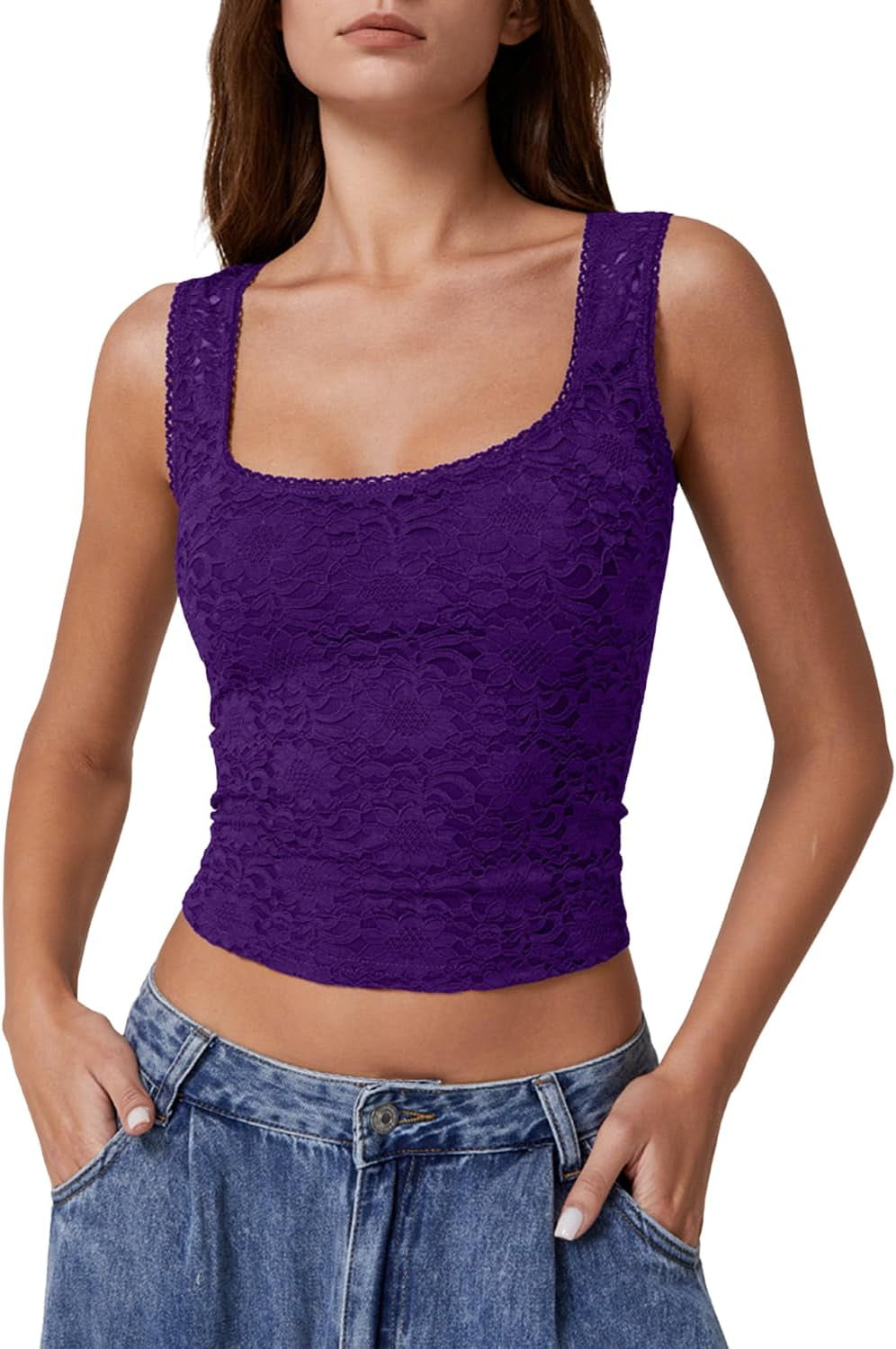 Womens Lace Trim Square Neck Sleeveless Tank Tops Double-Layer Slim Fit T Shirt Crop Tops