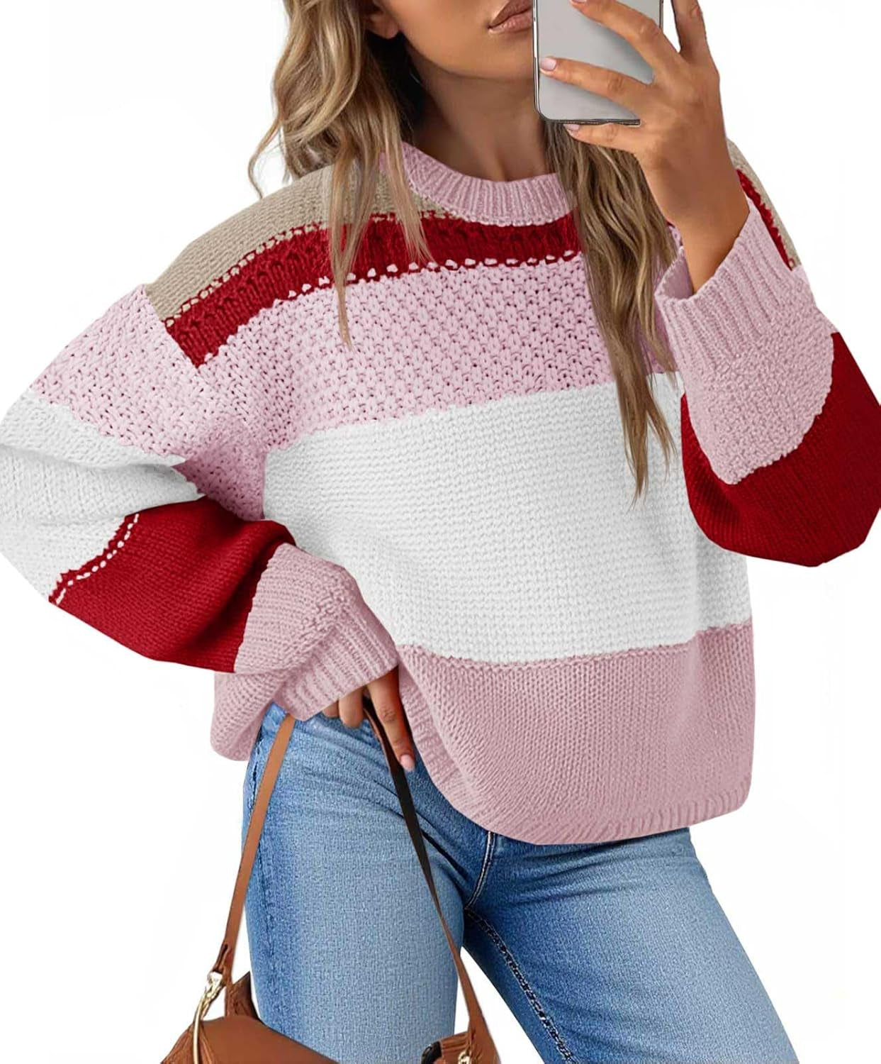 Womens Color Block Cropped Sweaters 2025 Winter Trendy Casual Oversized Y2K Going Out Striped Pullover Tops