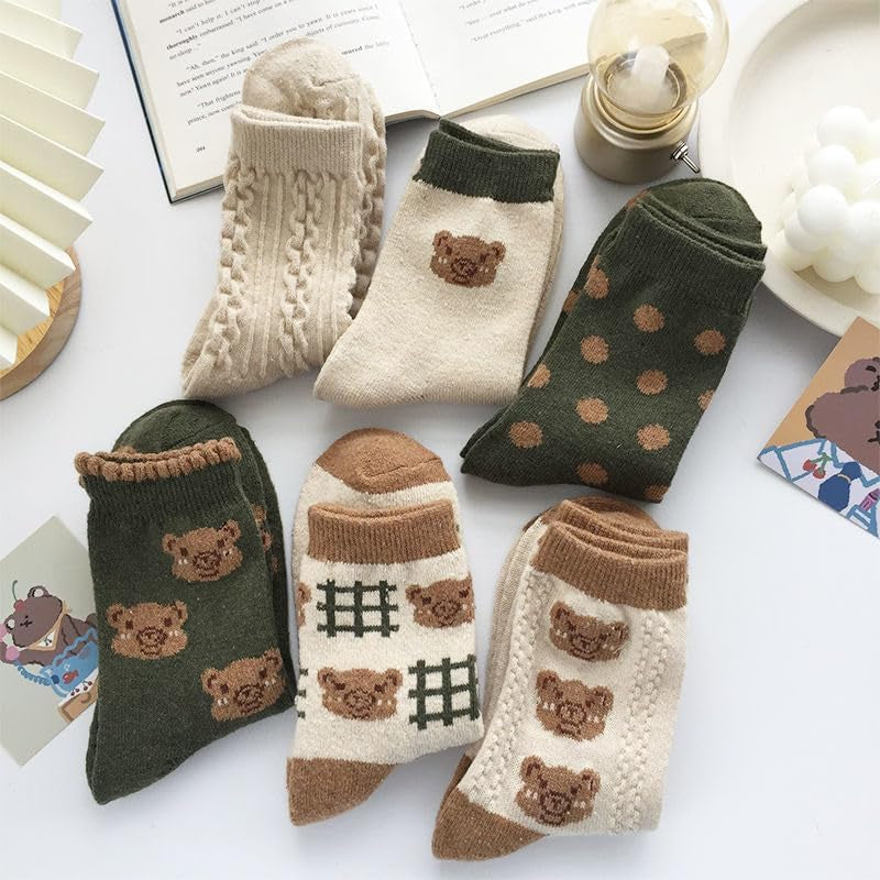 6 Pair Cute Cotton Kawaii Bear Ankle Socks - Preppy Ruffle Japanese Thick Fall Vintage Crew Socks for Women