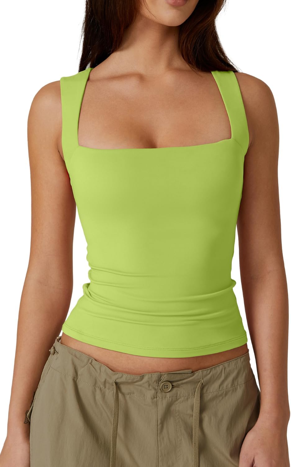 Women'S Square Neck Sleeveless Double-Layer Tank Tops Basic Tight T Shirts
