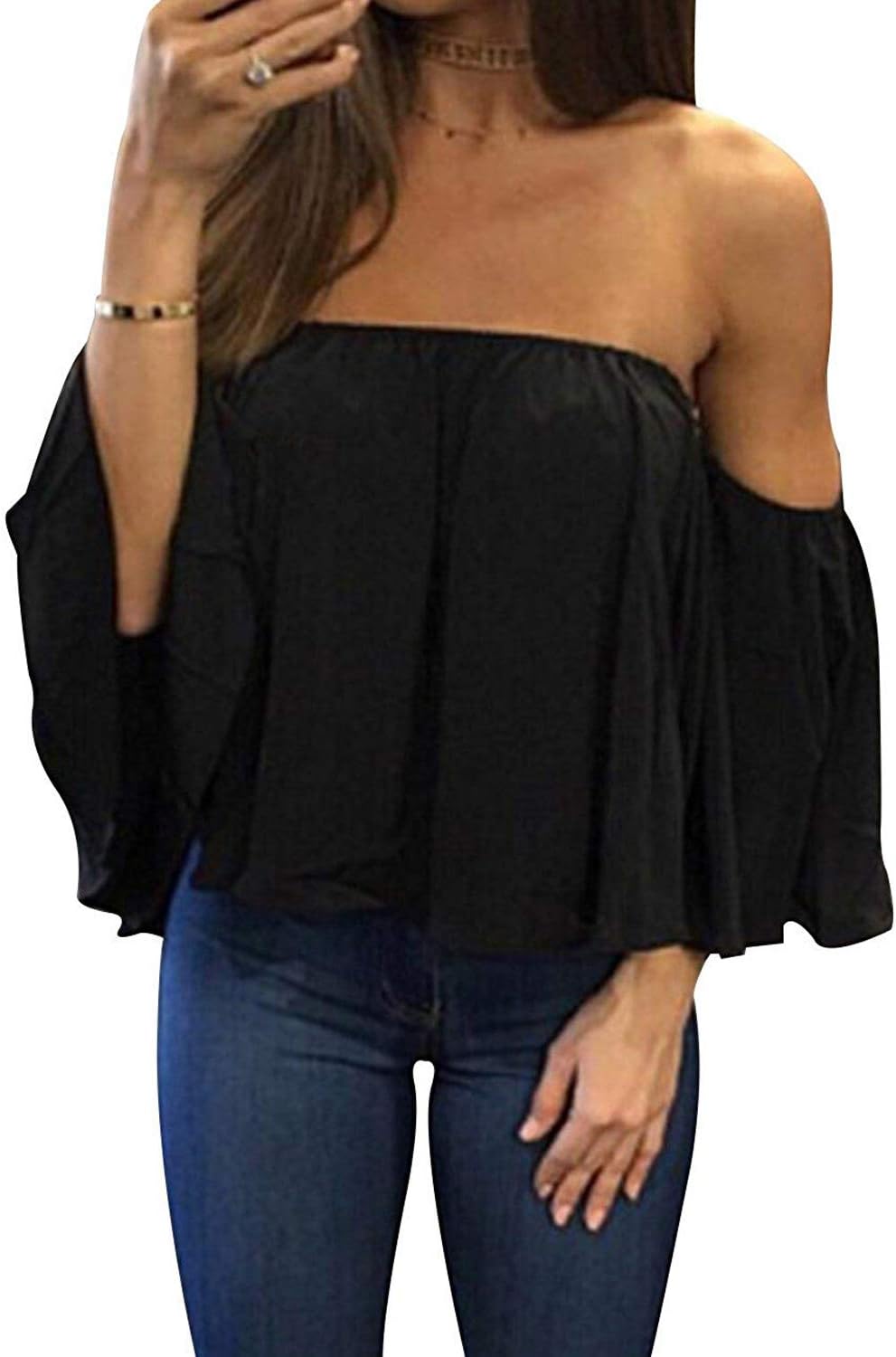 Women Summer off Shoulder Chiffon Blouse Ruffles Short Sleeves Tops Casual T Shirt