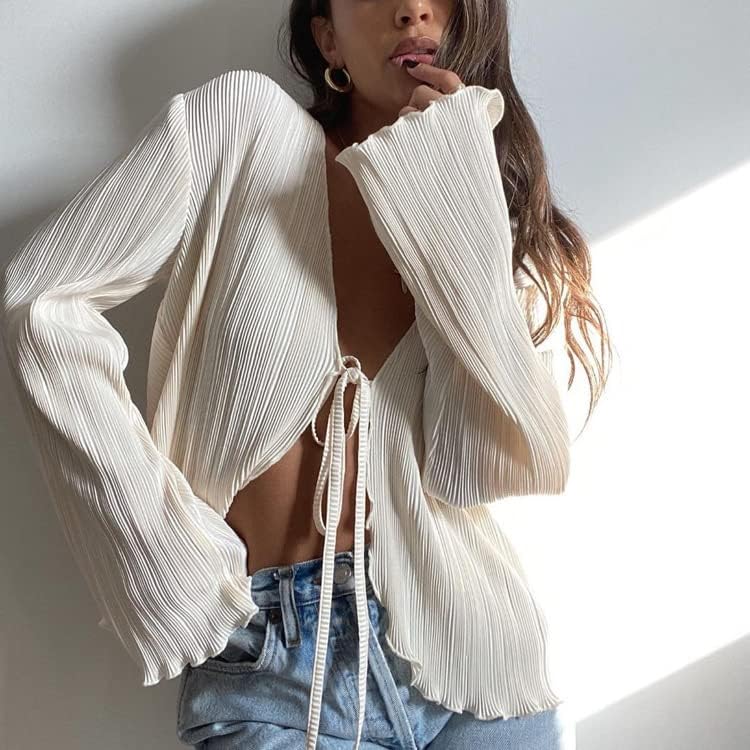 Women Sheer Button up Blouse Sexy Collared Shirts Mesh Flare Sleeve Crop Top Y2K Vintage Streetwear