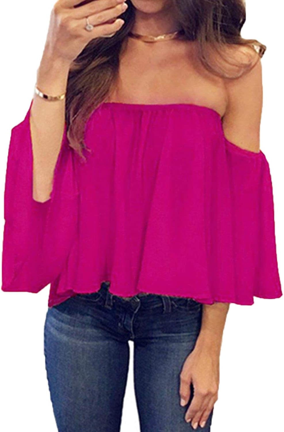 Women Summer off Shoulder Chiffon Blouse Ruffles Short Sleeves Tops Casual T Shirt
