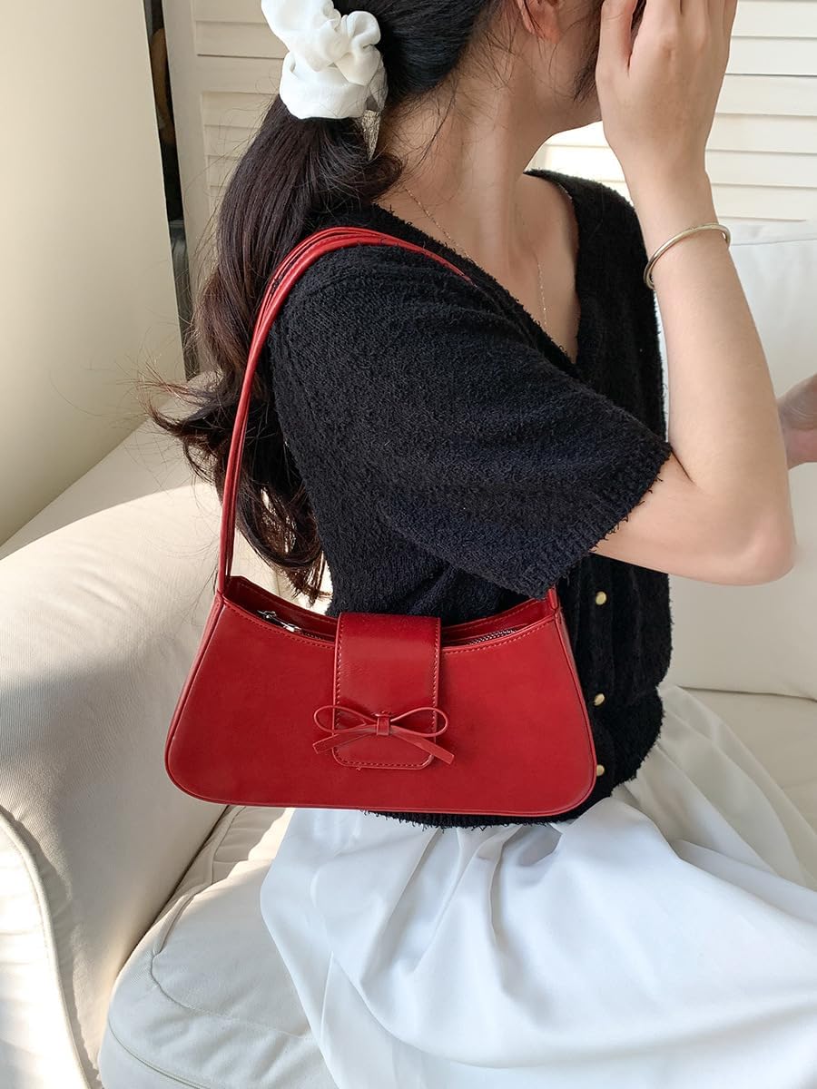 Shoulder Bags for Women Coquette Bow Purse Y2K Bag Small Cute Purses Mini Hobo Handbag Faux Leather Shoulder Purse
