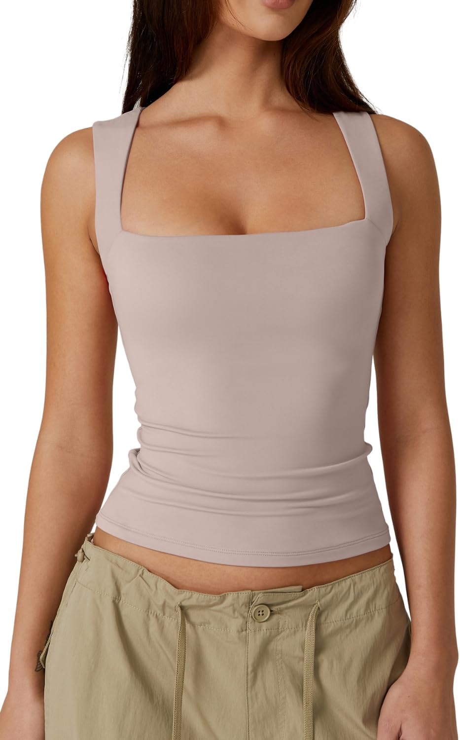 Women'S Square Neck Sleeveless Double-Layer Tank Tops Basic Tight T Shirts