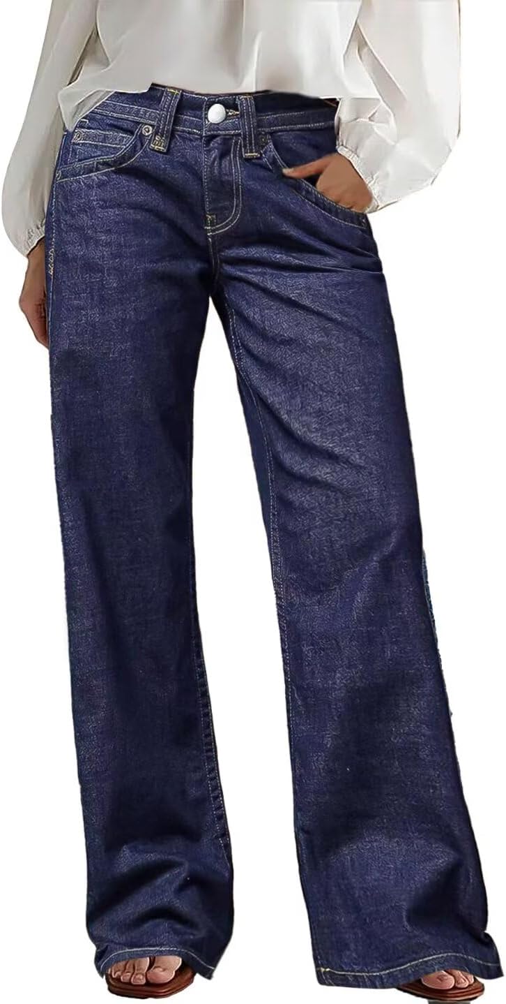 Wide Leg Jeans for Women Mid Waist Baggy Stitch Decor Denim Washed Pants without Belt