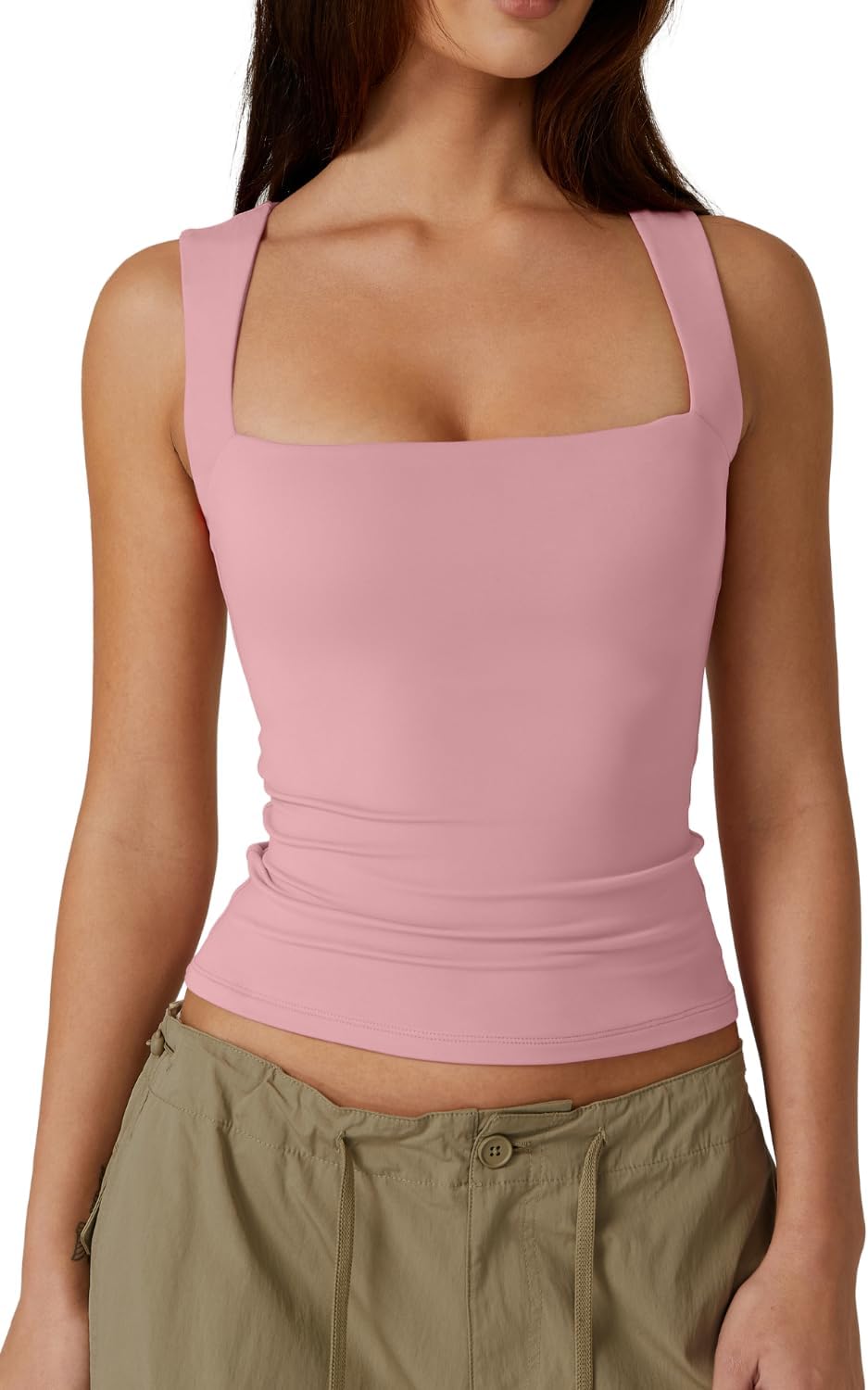 Women'S Square Neck Sleeveless Double-Layer Tank Tops Basic Tight T Shirts