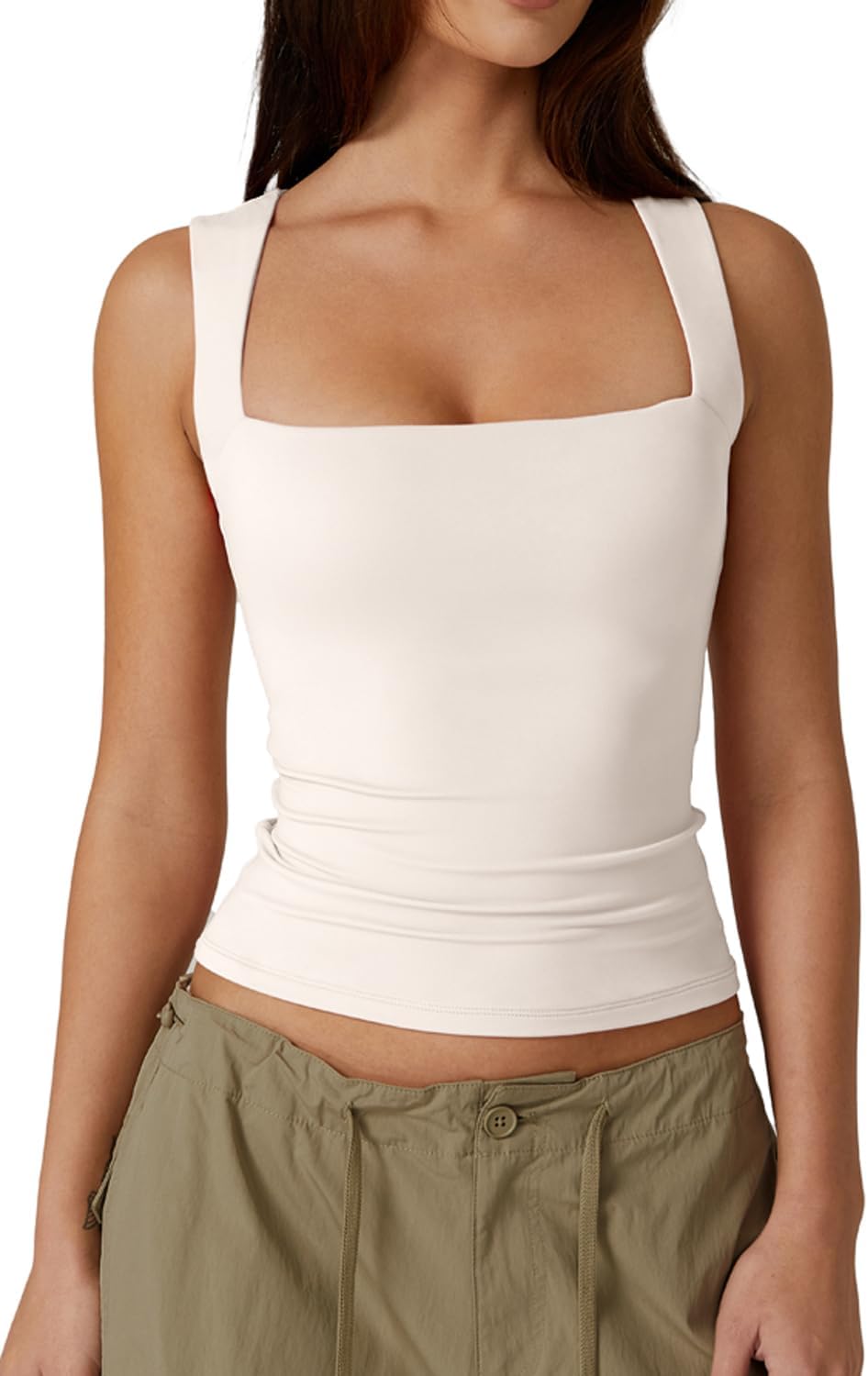 Women'S Square Neck Sleeveless Double-Layer Tank Tops Basic Tight T Shirts