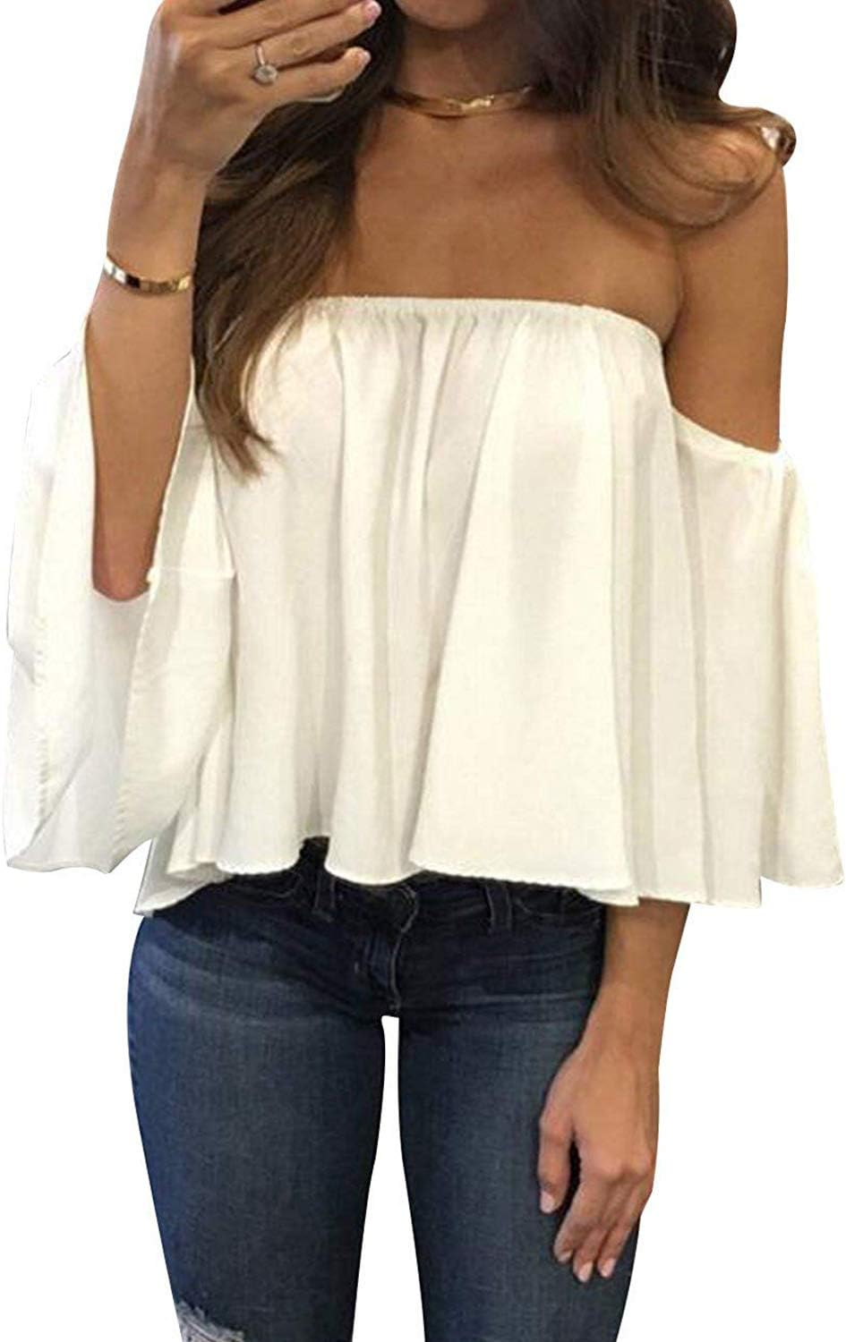 Women Summer off Shoulder Chiffon Blouse Ruffles Short Sleeves Tops Casual T Shirt