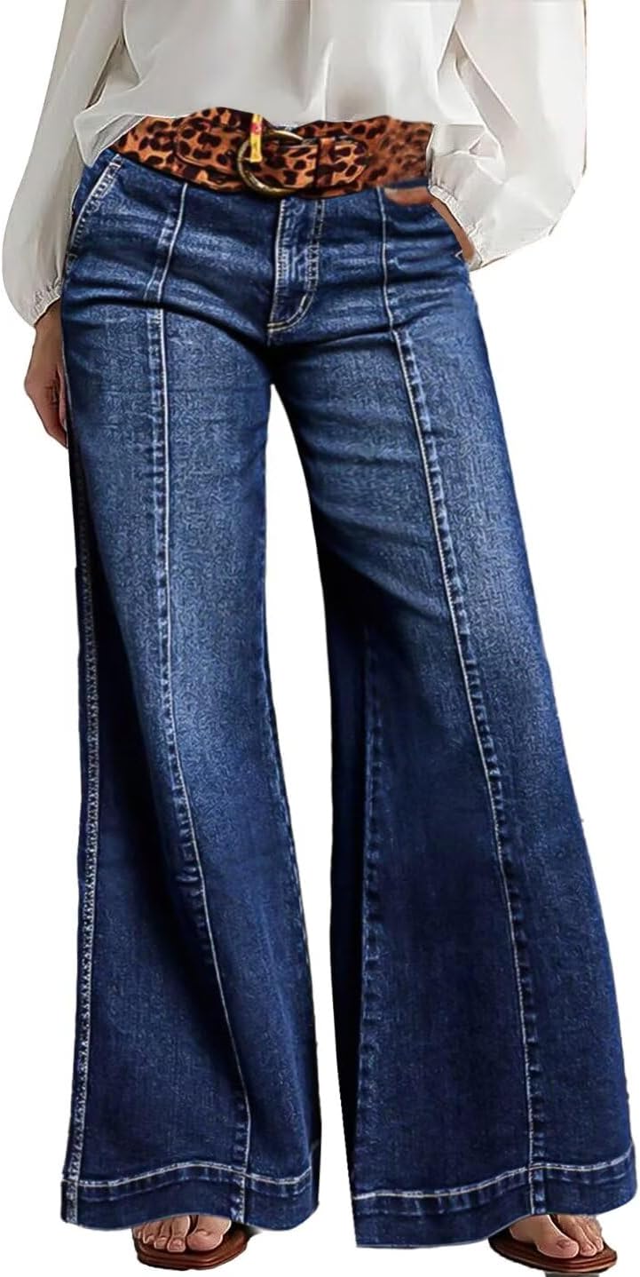Wide Leg Jeans for Women Mid Waist Baggy Stitch Decor Denim Washed Pants without Belt