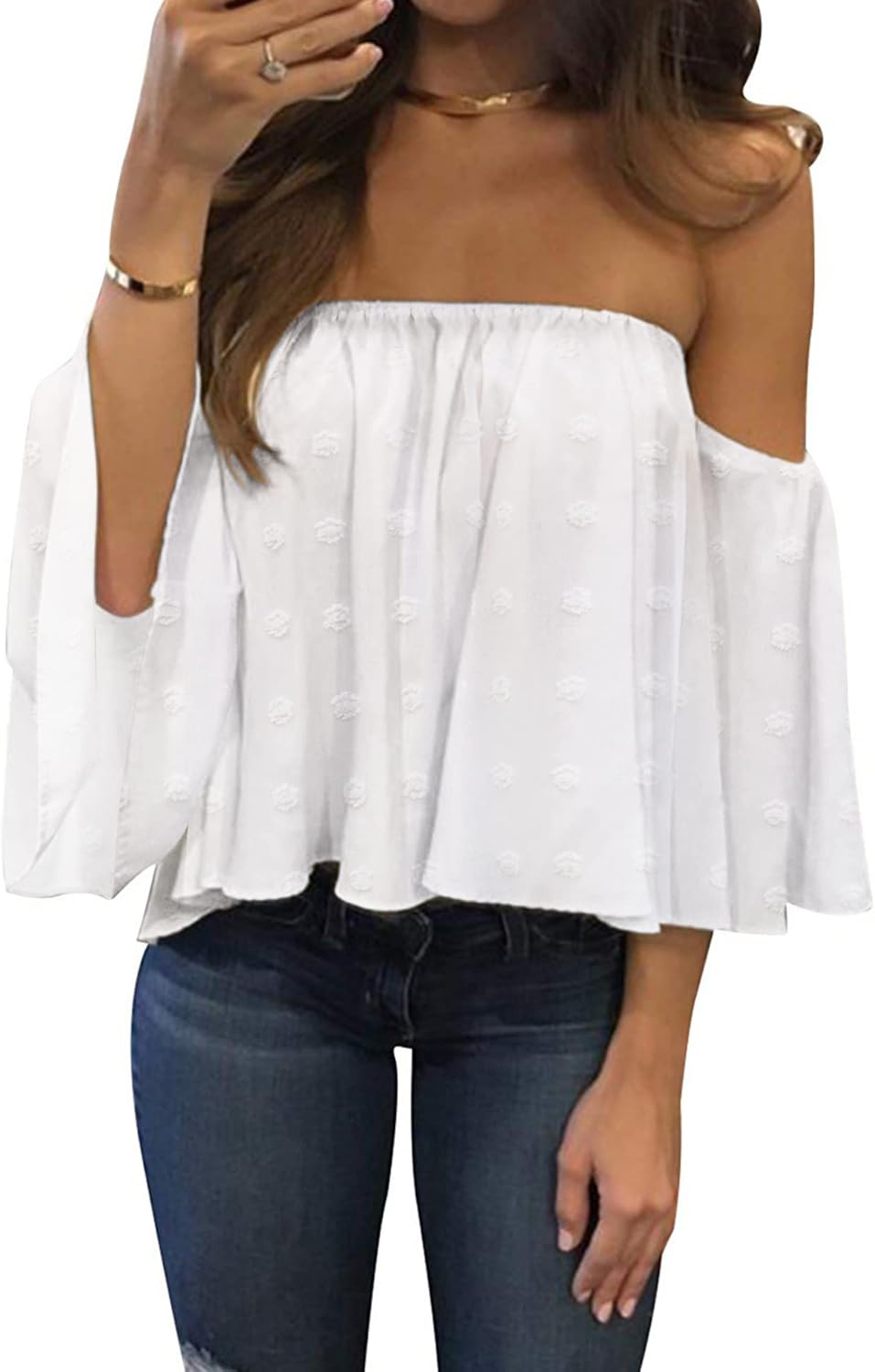 Women Summer off Shoulder Chiffon Blouse Ruffles Short Sleeves Tops Casual T Shirt