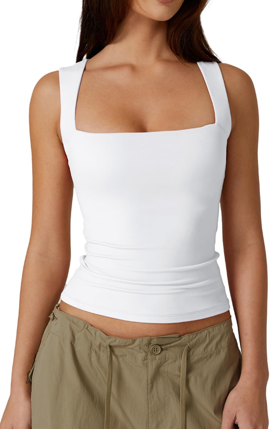 Women'S Square Neck Sleeveless Double-Layer Tank Tops Basic Tight T Shirts