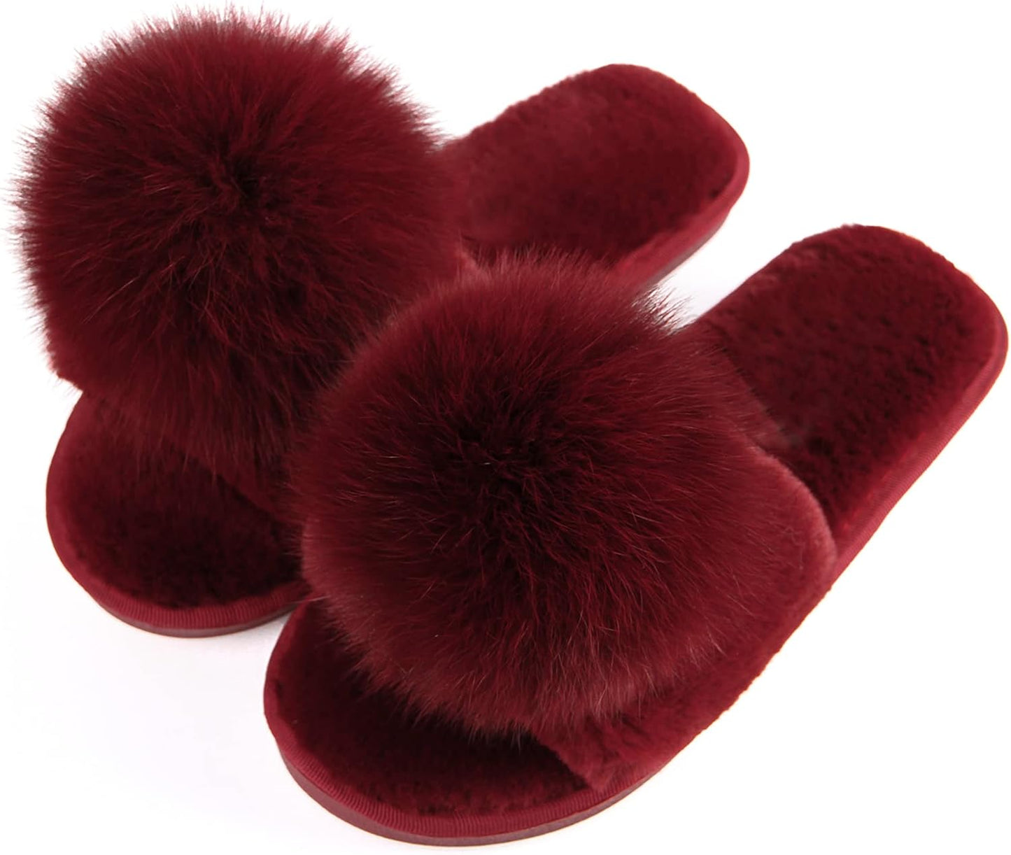 Women Slippers with Real Fox Fur Ball, Girl Furry Cozy Warm House Slipper, Open Toe Soft Flat Slide Sandals for Women Indoor Outdoor