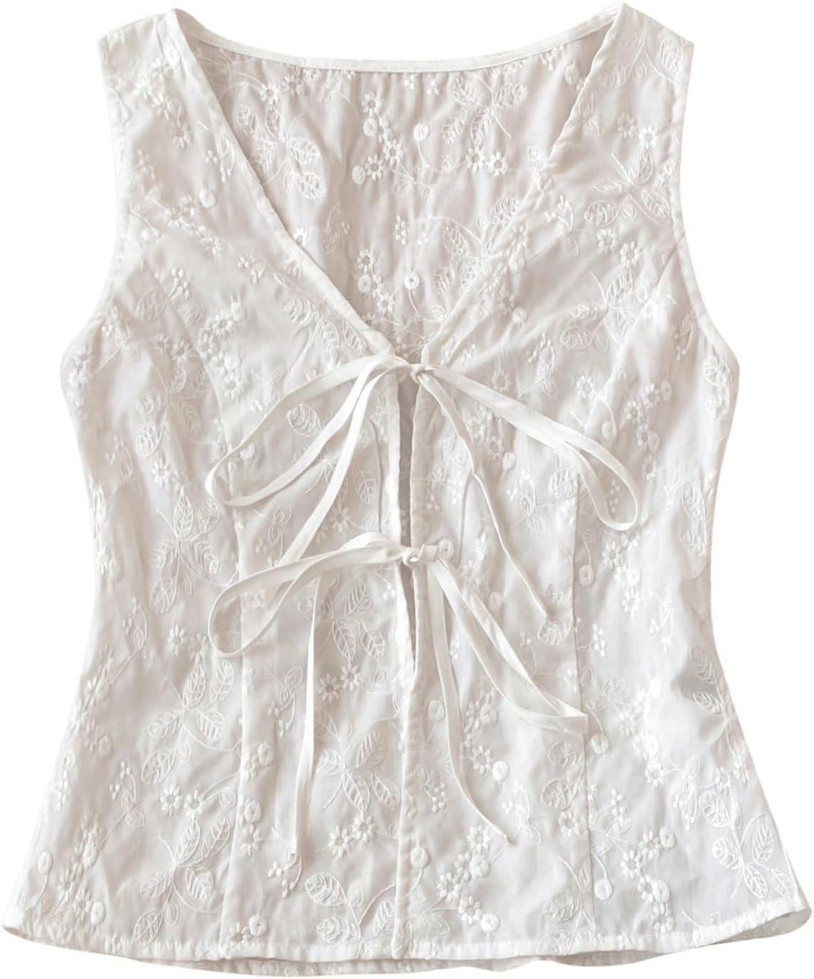 Women'S Bow Tie Front V Neck Floral Embroidery Tank Blouses Tops