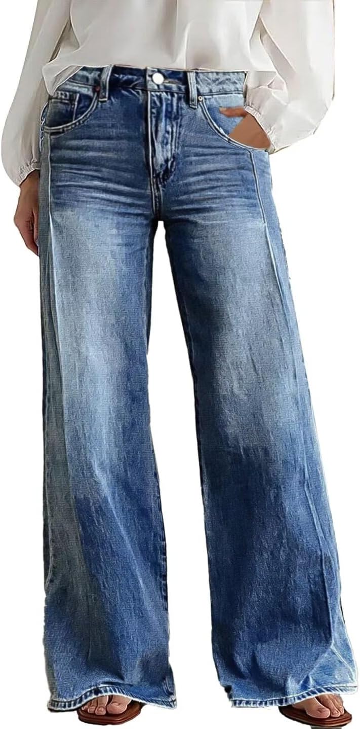 Wide Leg Jeans for Women Mid Waist Baggy Stitch Decor Denim Washed Pants without Belt