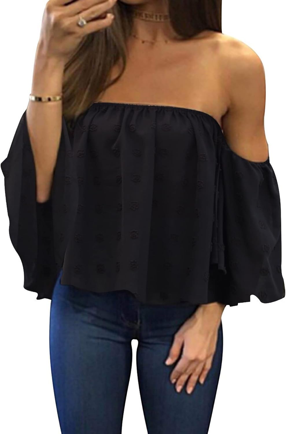 Women Summer off Shoulder Chiffon Blouse Ruffles Short Sleeves Tops Casual T Shirt