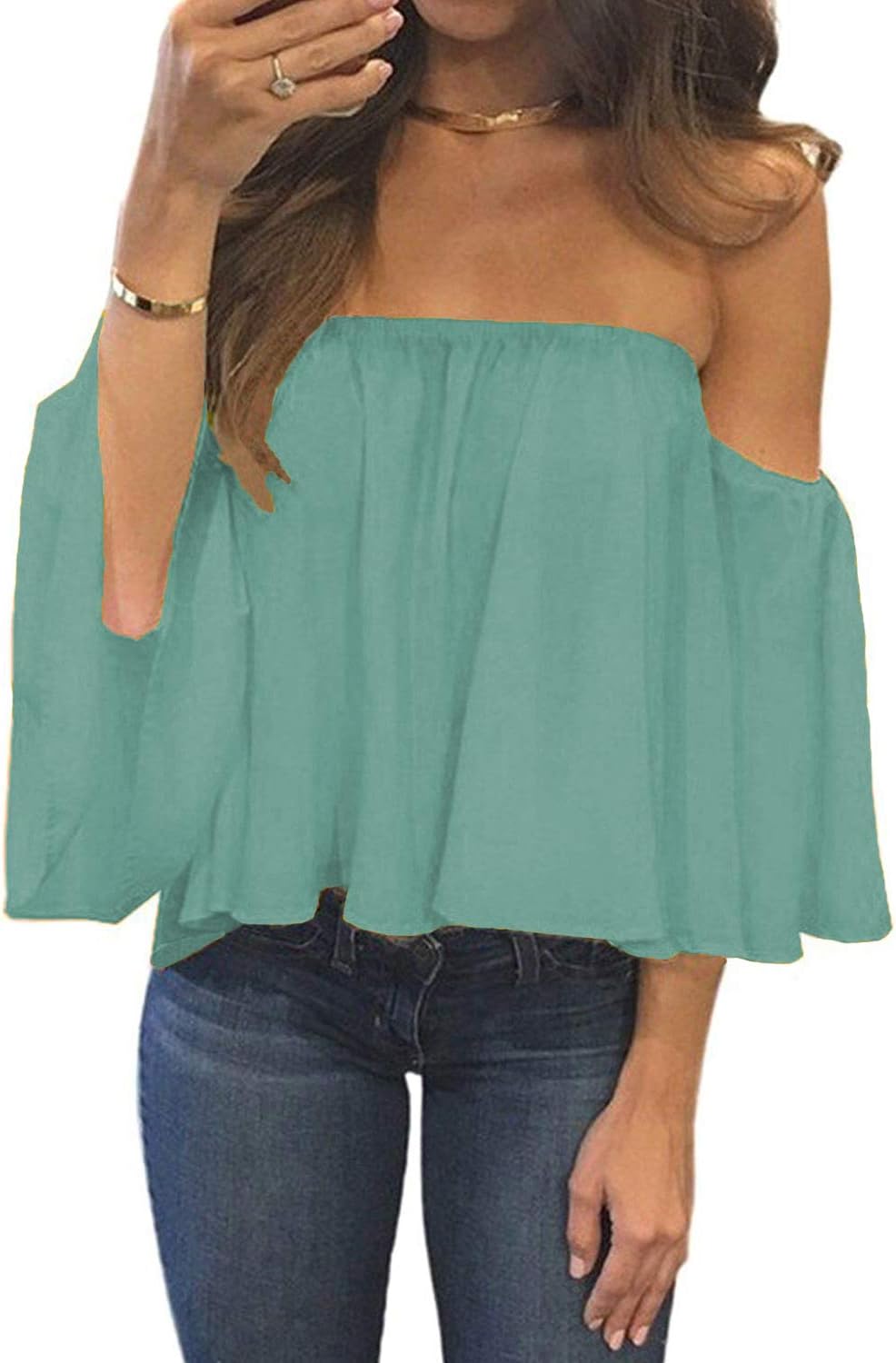 Women Summer off Shoulder Chiffon Blouse Ruffles Short Sleeves Tops Casual T Shirt