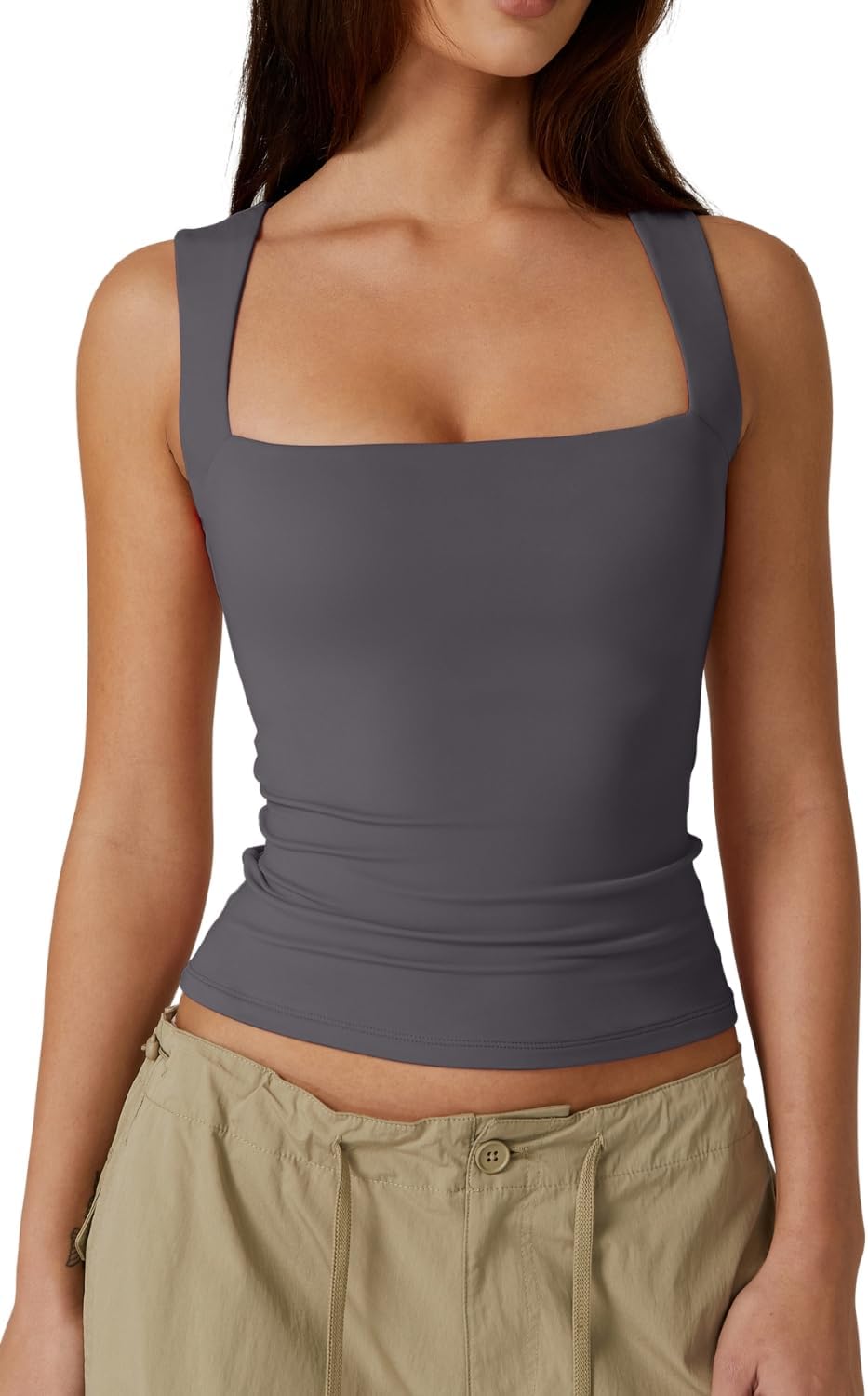 Women'S Square Neck Sleeveless Double-Layer Tank Tops Basic Tight T Shirts