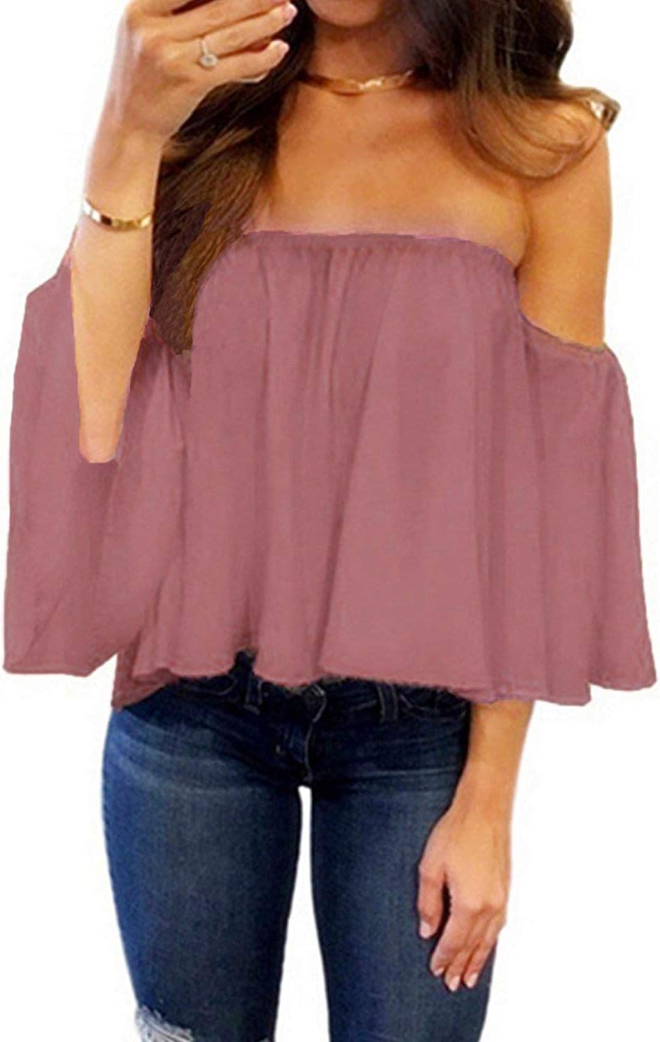 Women Summer off Shoulder Chiffon Blouse Ruffles Short Sleeves Tops Casual T Shirt