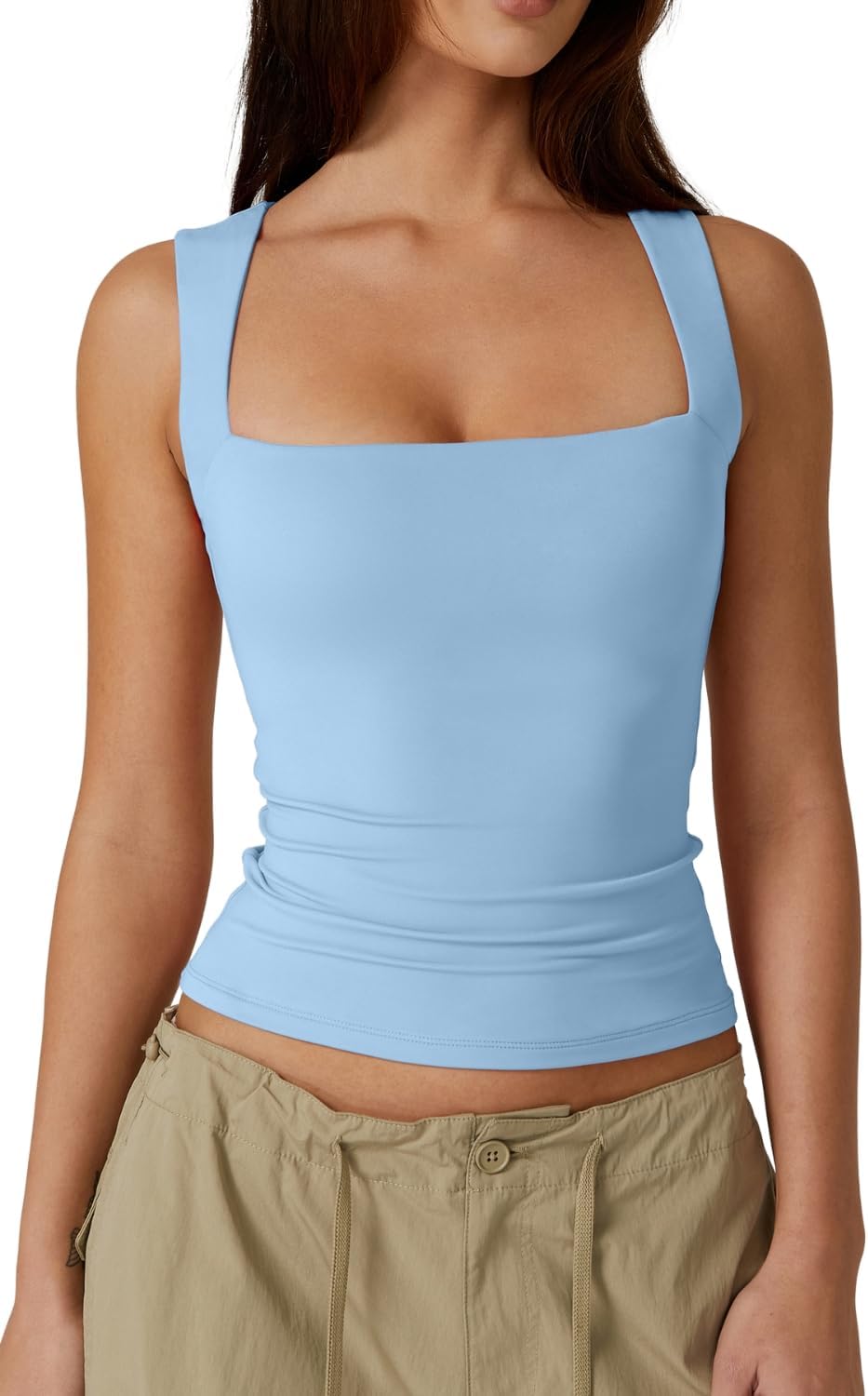 Women'S Square Neck Sleeveless Double-Layer Tank Tops Basic Tight T Shirts