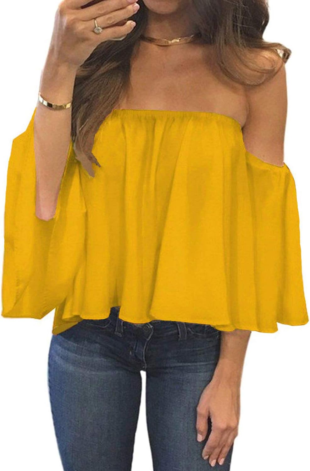 Women Summer off Shoulder Chiffon Blouse Ruffles Short Sleeves Tops Casual T Shirt