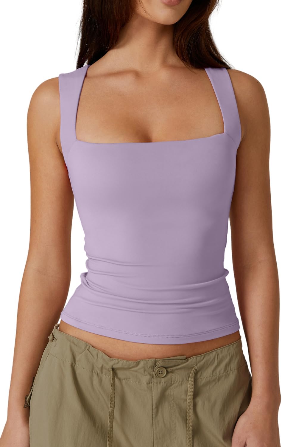Women'S Square Neck Sleeveless Double-Layer Tank Tops Basic Tight T Shirts