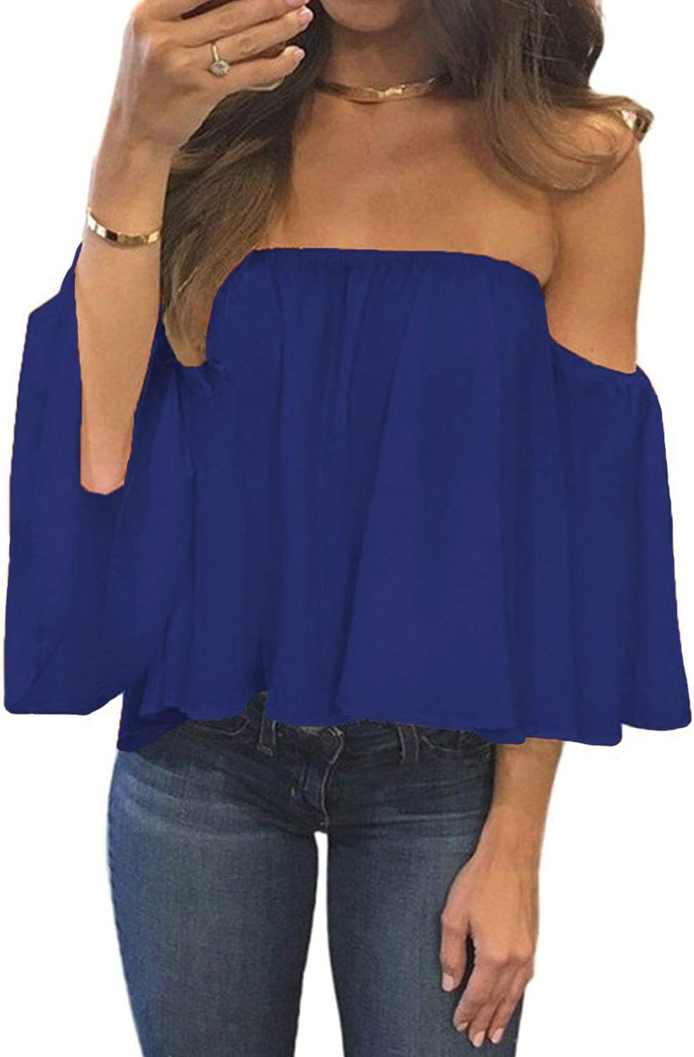 Women Summer off Shoulder Chiffon Blouse Ruffles Short Sleeves Tops Casual T Shirt