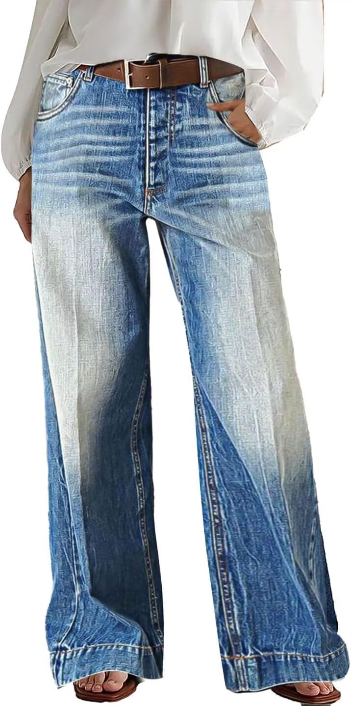 Wide Leg Jeans for Women Mid Waist Baggy Stitch Decor Denim Washed Pants without Belt