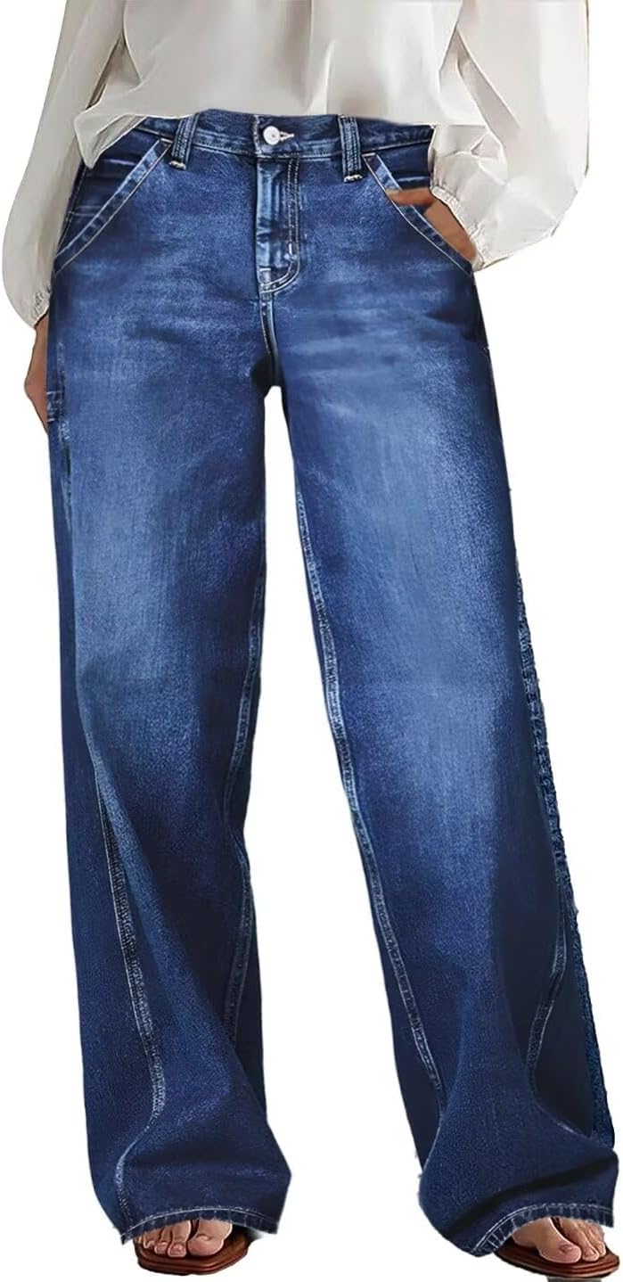 Wide Leg Jeans for Women Mid Waist Baggy Stitch Decor Denim Washed Pants without Belt