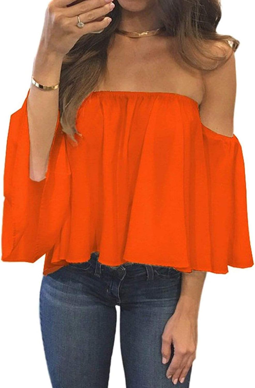 Women Summer off Shoulder Chiffon Blouse Ruffles Short Sleeves Tops Casual T Shirt