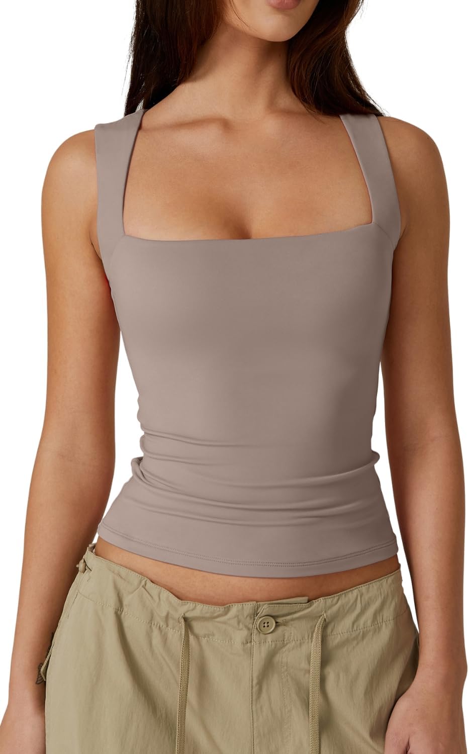Women'S Square Neck Sleeveless Double-Layer Tank Tops Basic Tight T Shirts