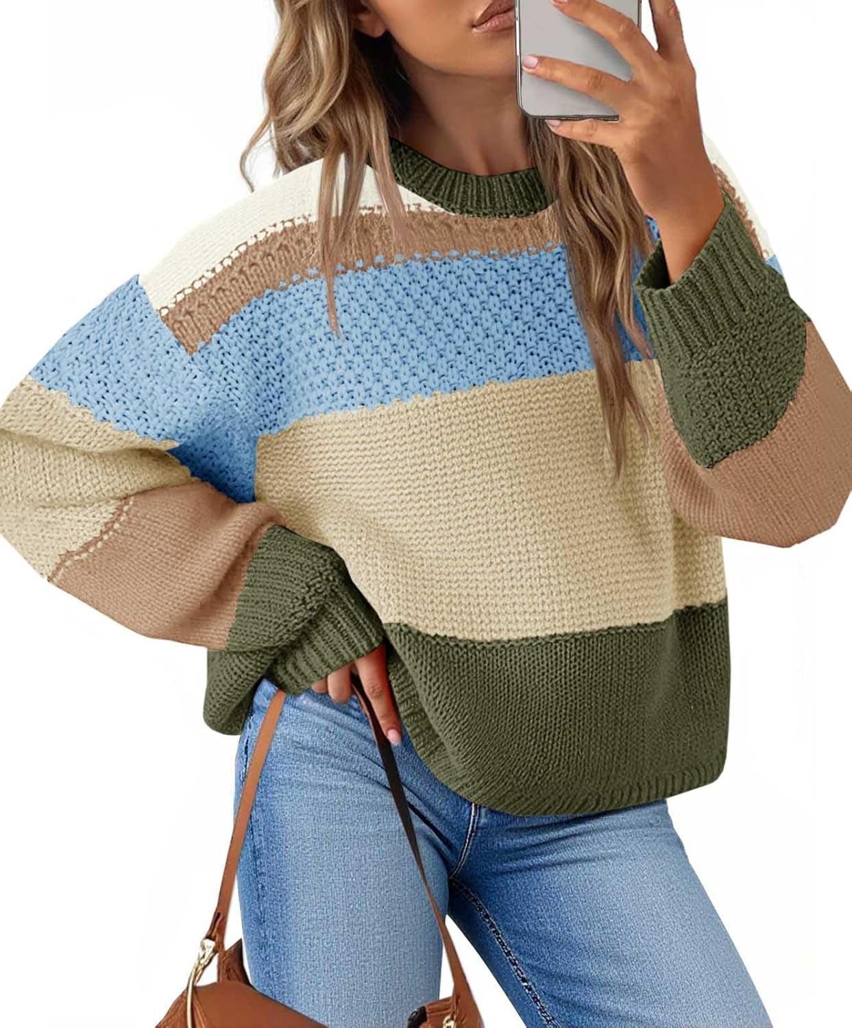 Womens Color Block Cropped Sweaters 2025 Winter Trendy Casual Oversized Y2K Going Out Striped Pullover Tops