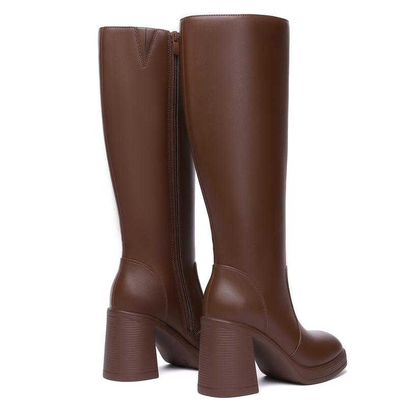 Athlefit Black Knee High Boots for Women Platform Tall Boots Fashion Square Toe Chunky Heeled Booties