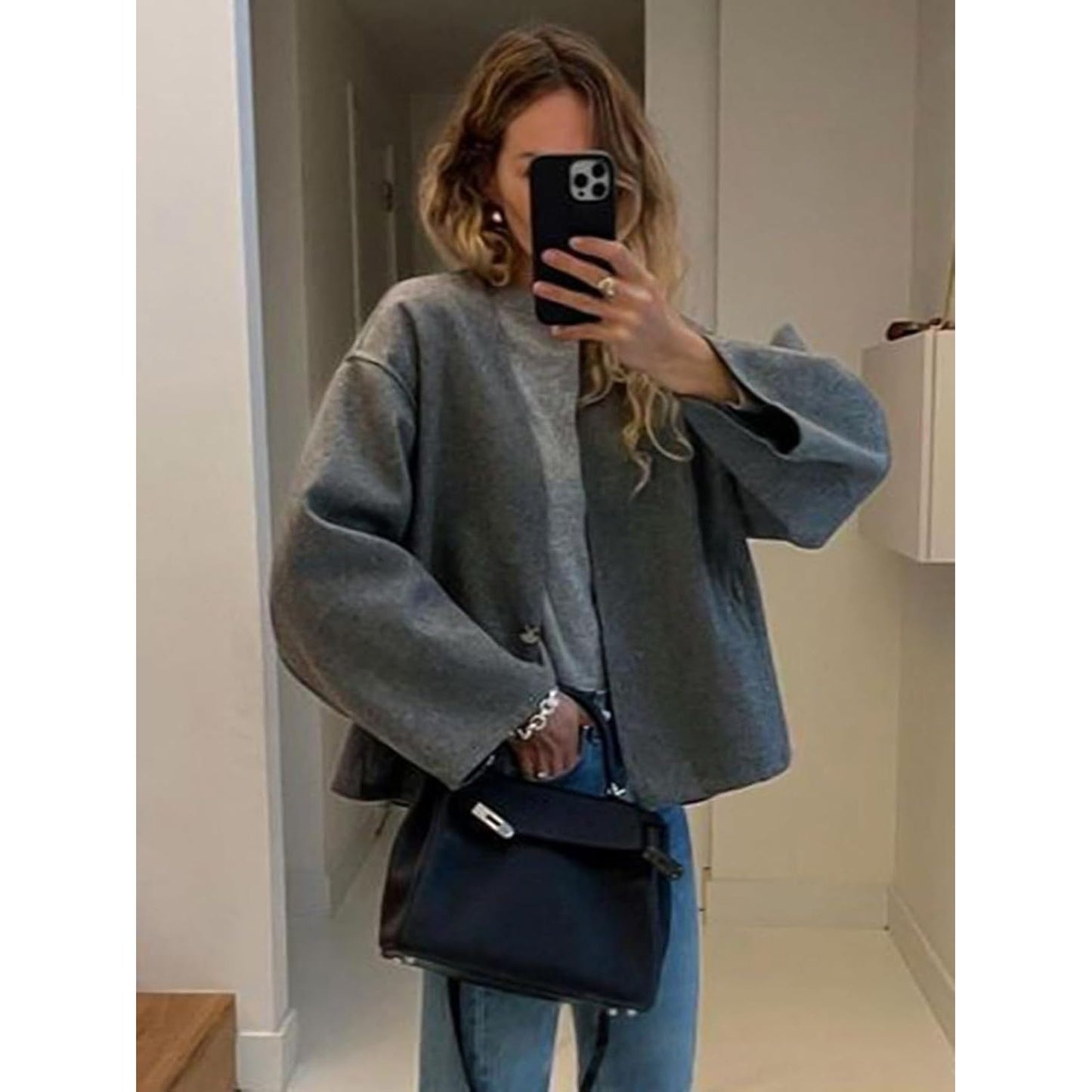 Women Cropped Wool Blend Coats Long Sleeve Coat Jacket Peacoat Fall Winter Outwear Overcoat