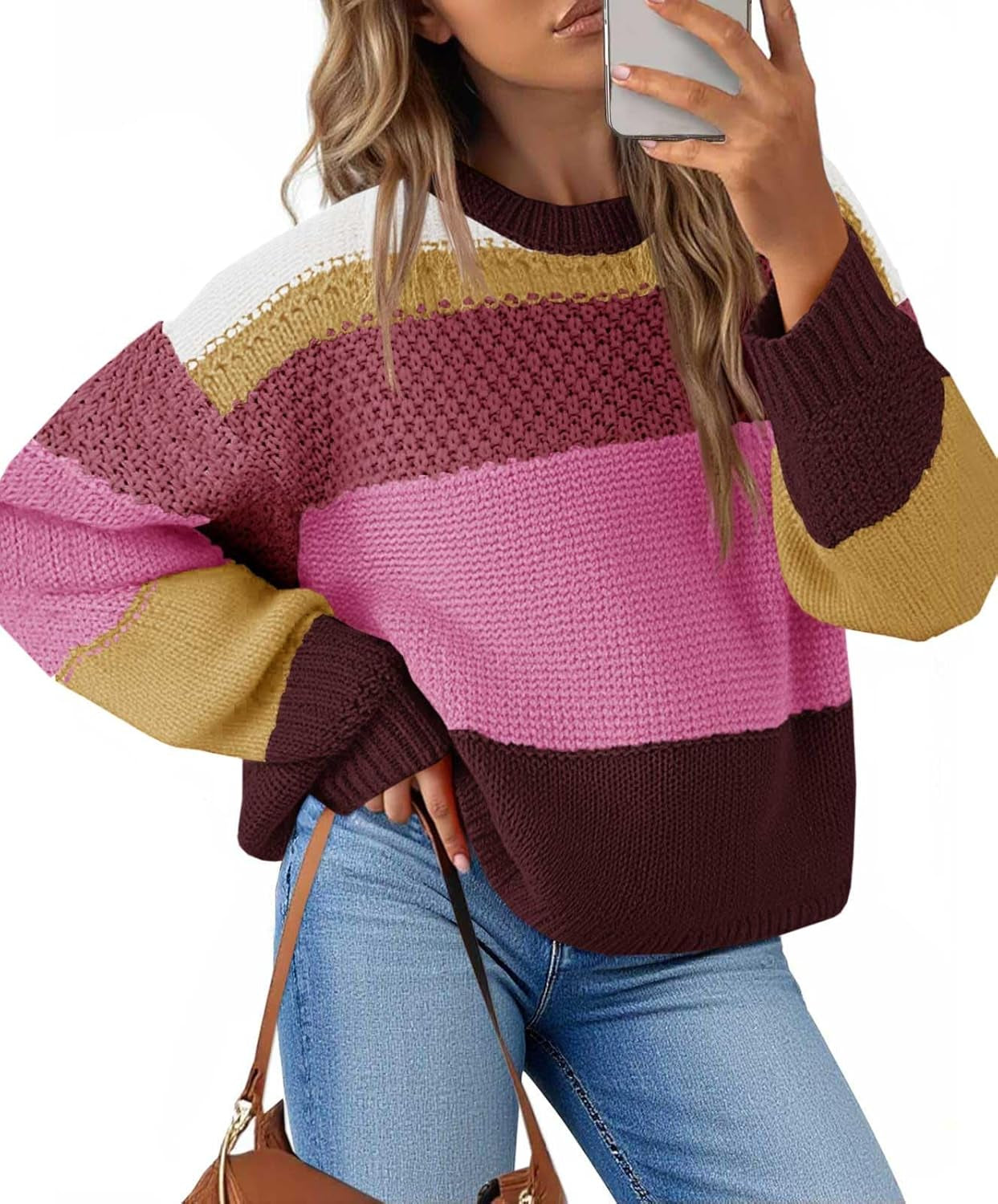 Womens Color Block Cropped Sweaters 2025 Winter Trendy Casual Oversized Y2K Going Out Striped Pullover Tops