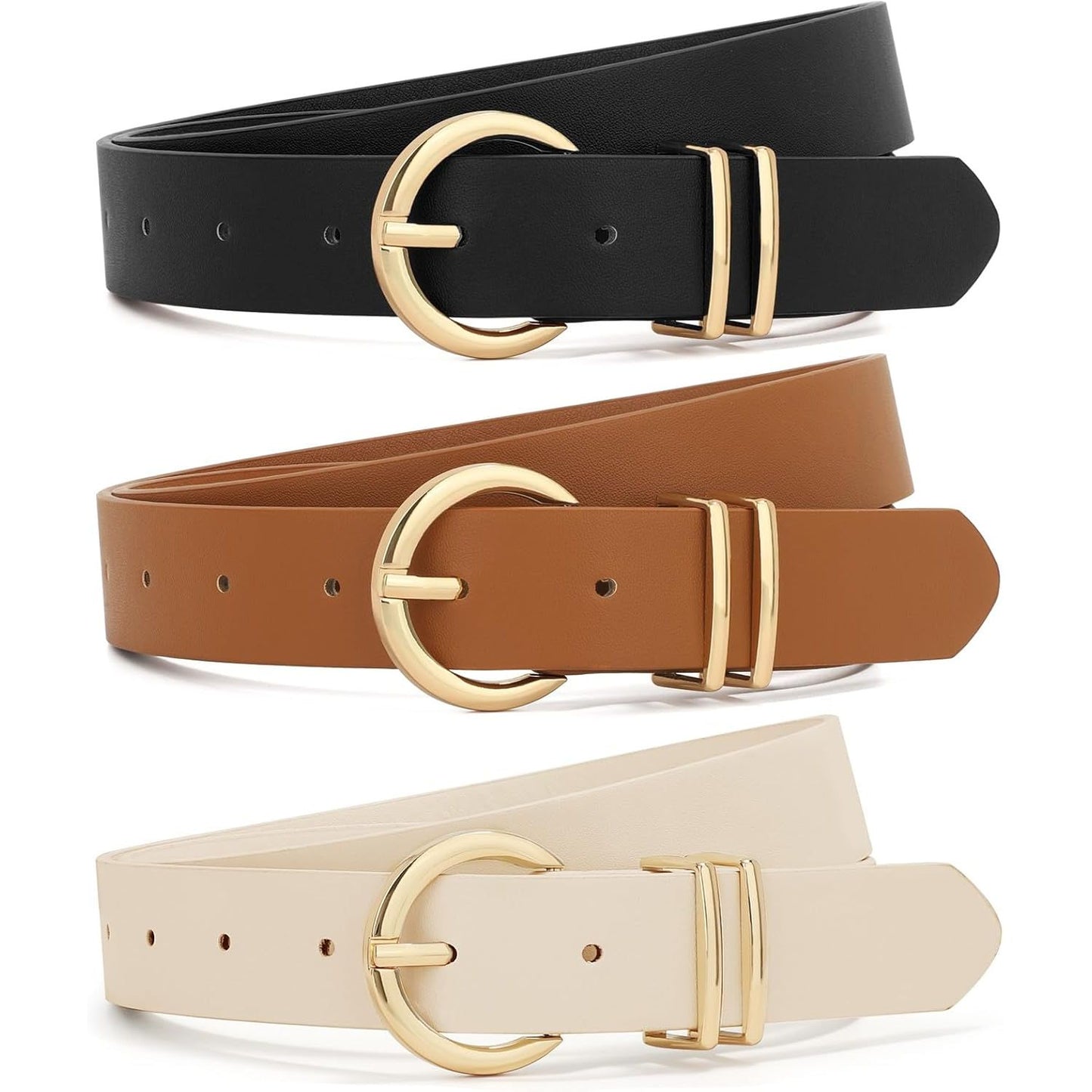 3 Pack Women Belts for Jeans Dresses Pants Ladies Leather Waist Belt with Gold Buckle